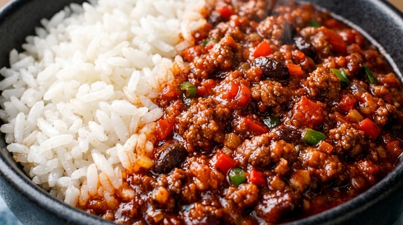 Mættende chili con carne med ris, bønner og toppings