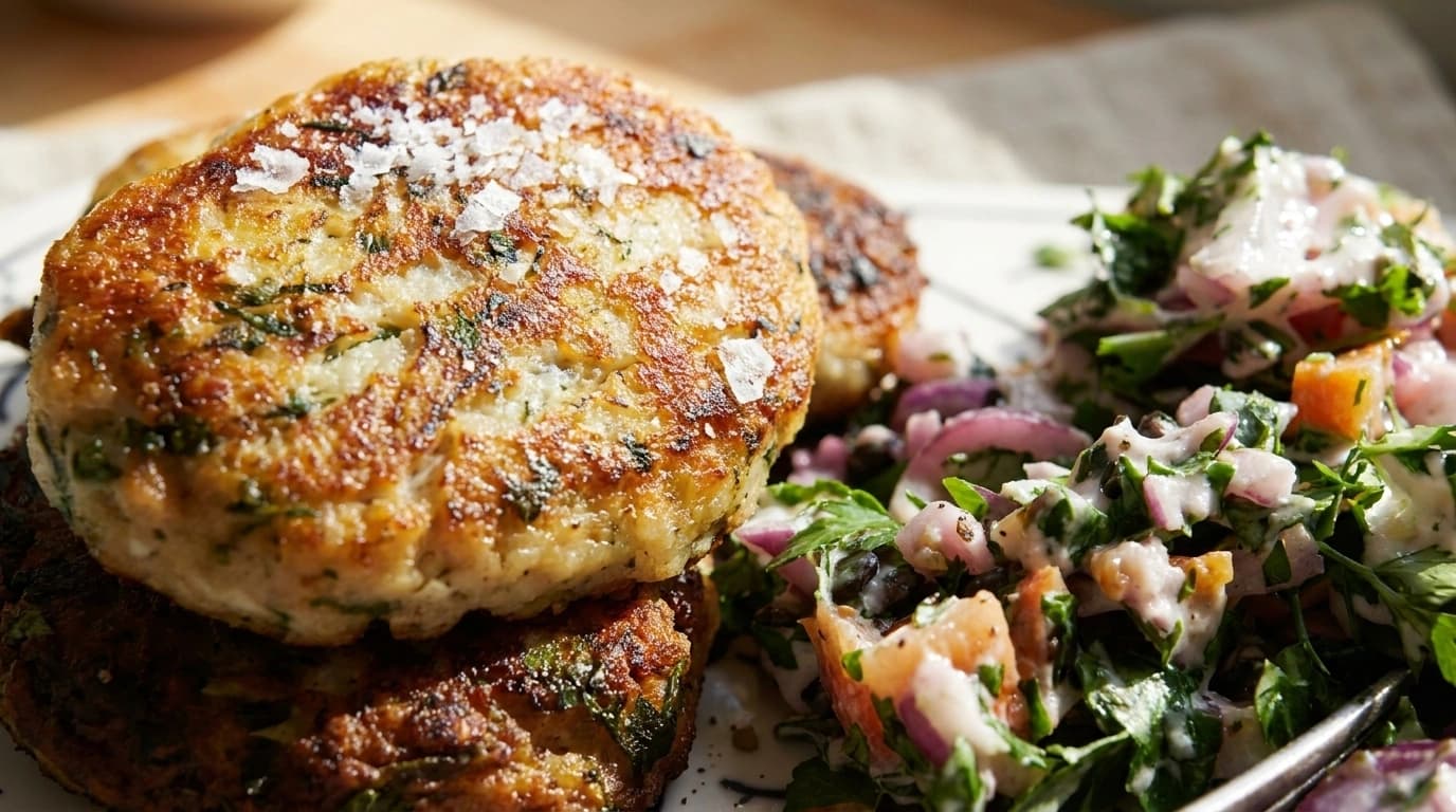 Sprøde fiskefrikadeller med remoulade, citron og kartofler på tallerken