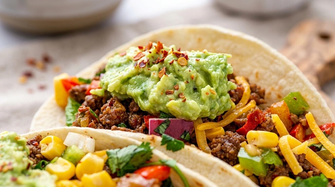 Farverige tacos med hakket oksekød, salat, tomater og limeskiver
