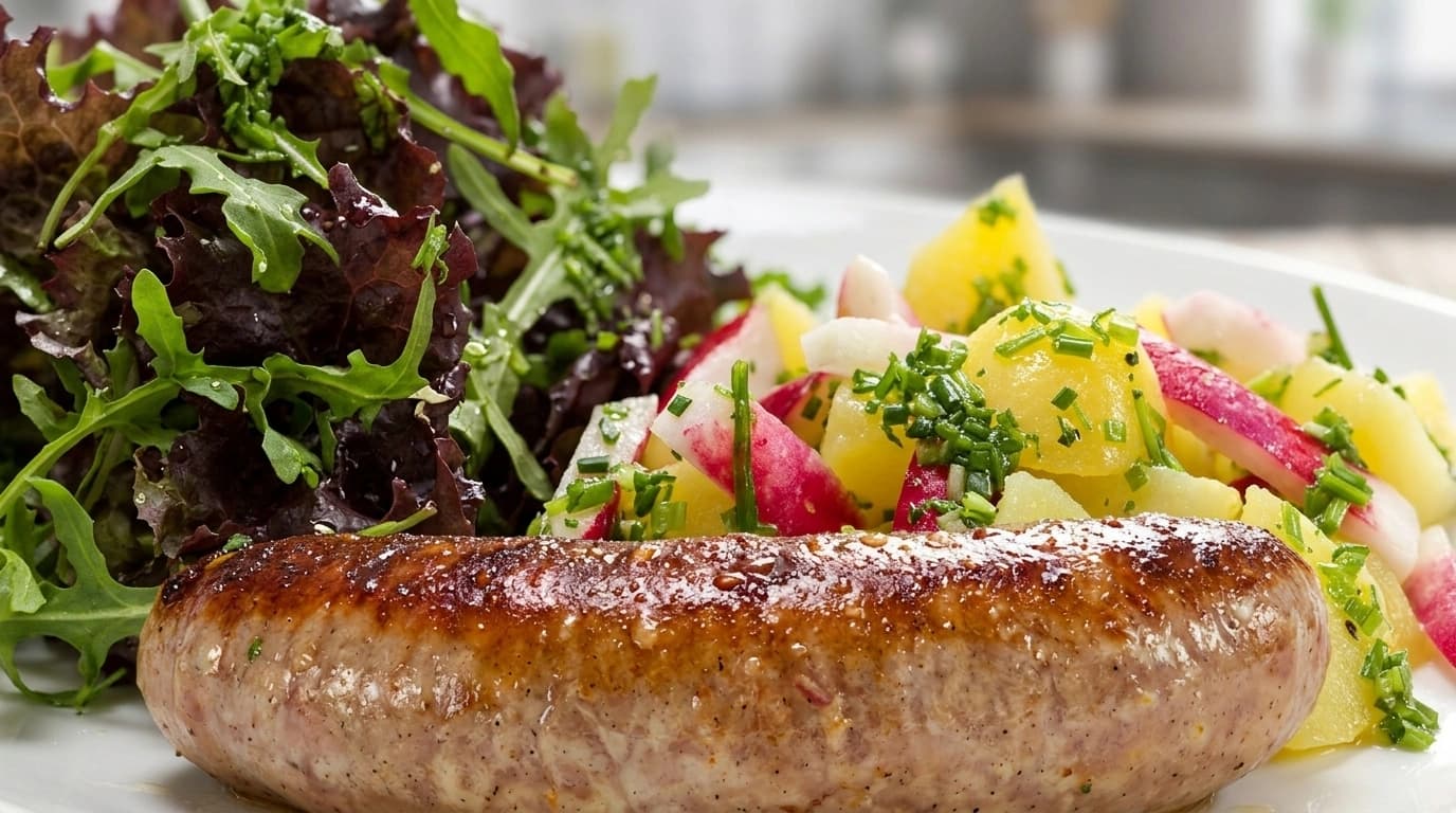 Varm kartoffelsalat med stegte pølser og sennep