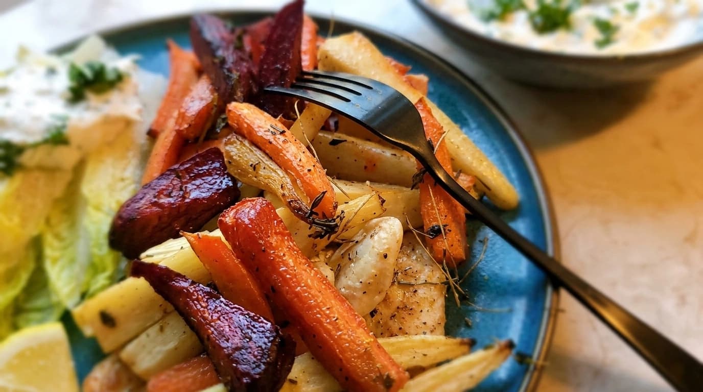 Ovnbagt kyllingefilet med rodfrugter, rosmarin og citron i ildfast fad