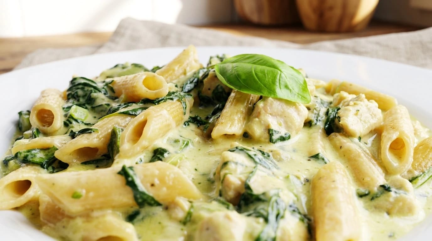 Cremet one-pot pasta med kylling, pesto og friske basilikumblade i stor gryde