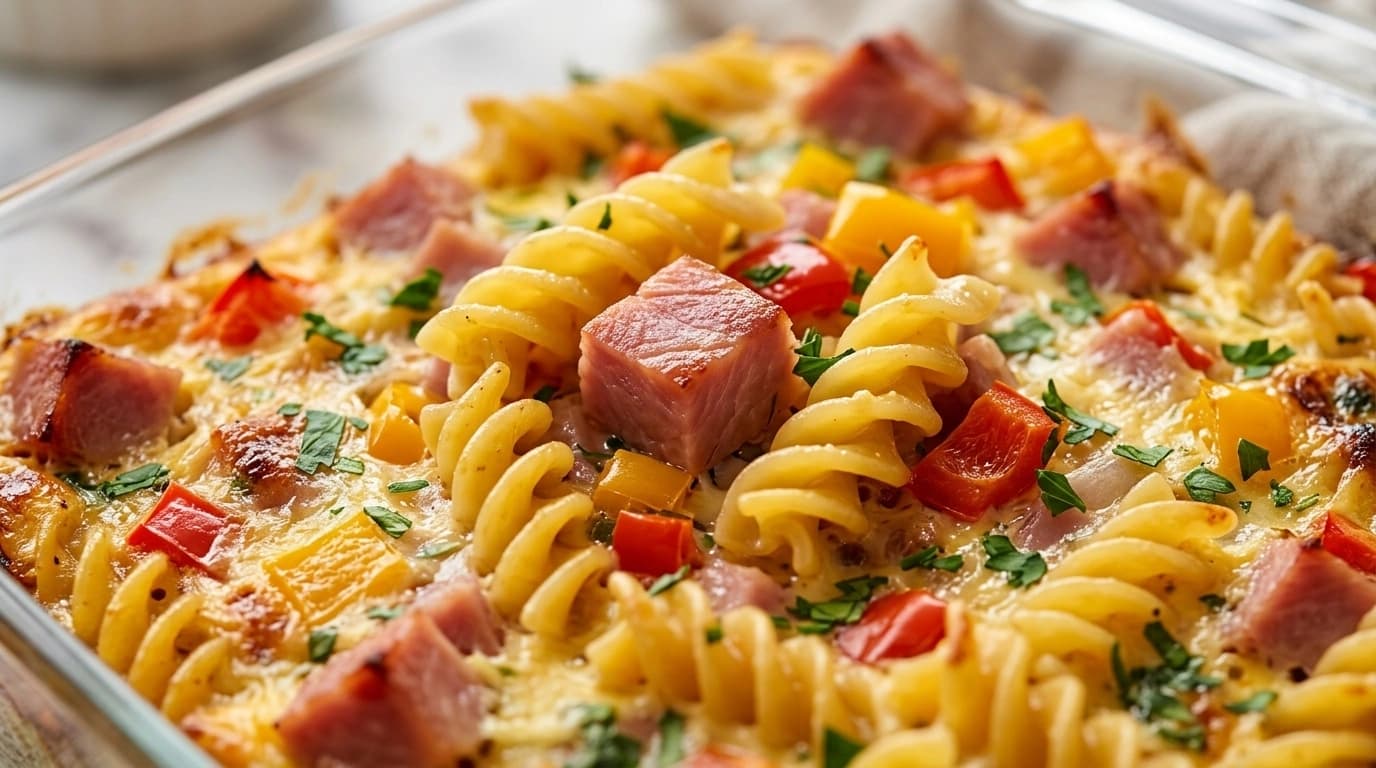 Ovnbagt pasta med skinke, smeltet ost og urter i ildfast fad
