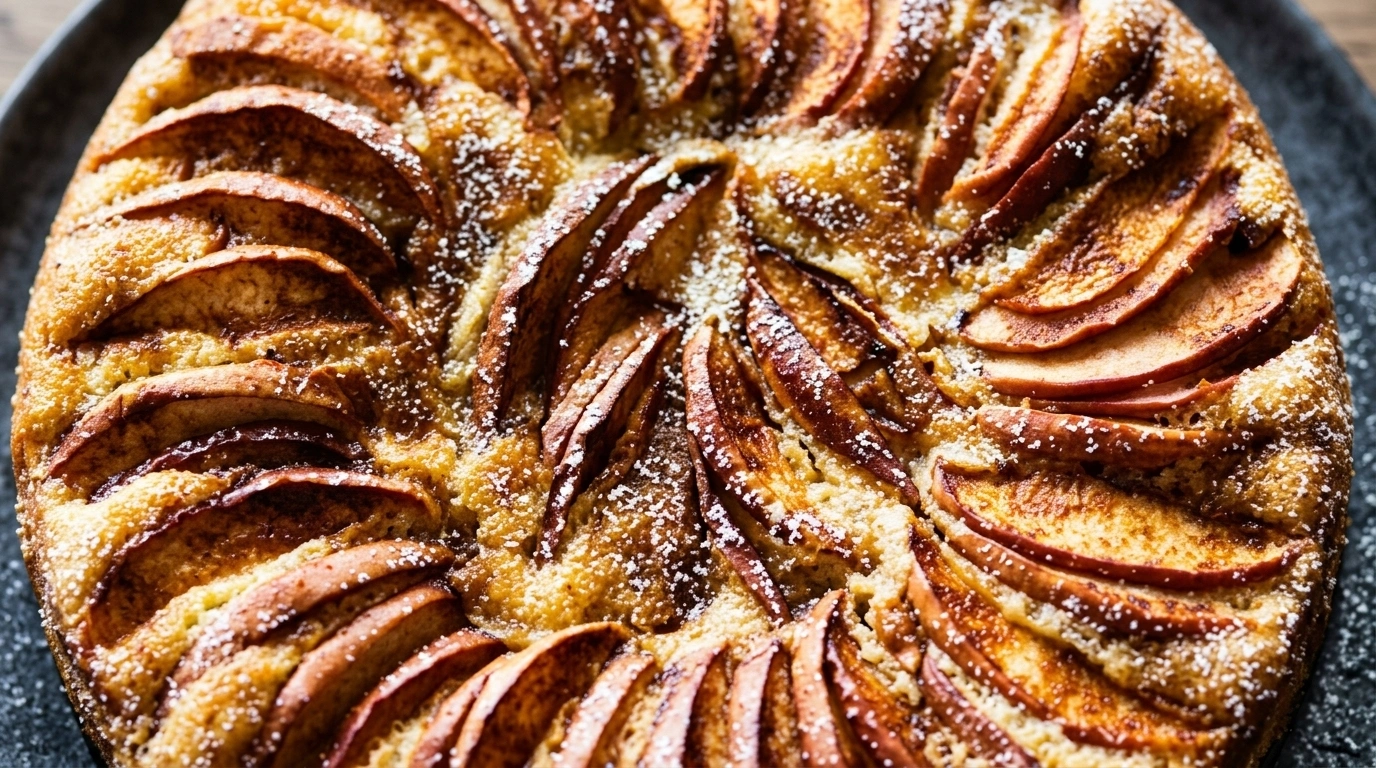 Varm æblekage med kanel og møre æbletern drysset med flormelis