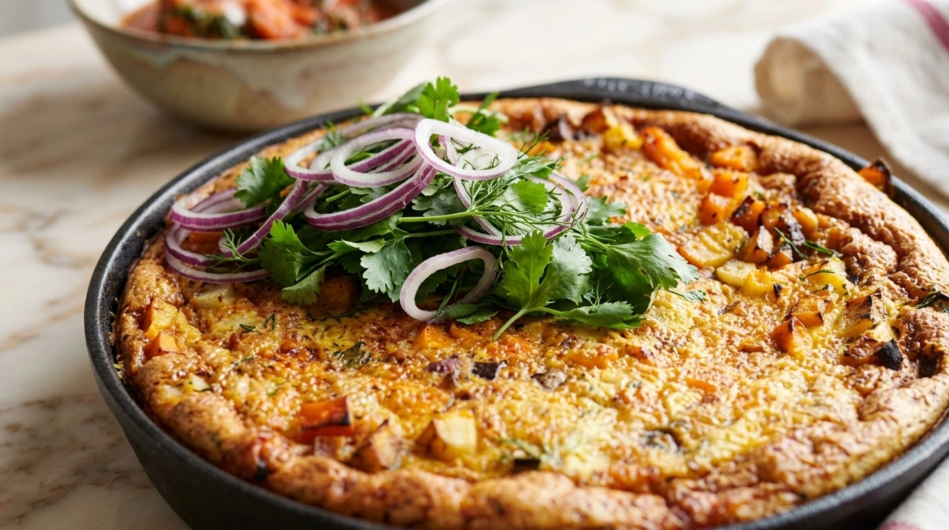 Sprød æggekage med bacon, tomat og rugbrød