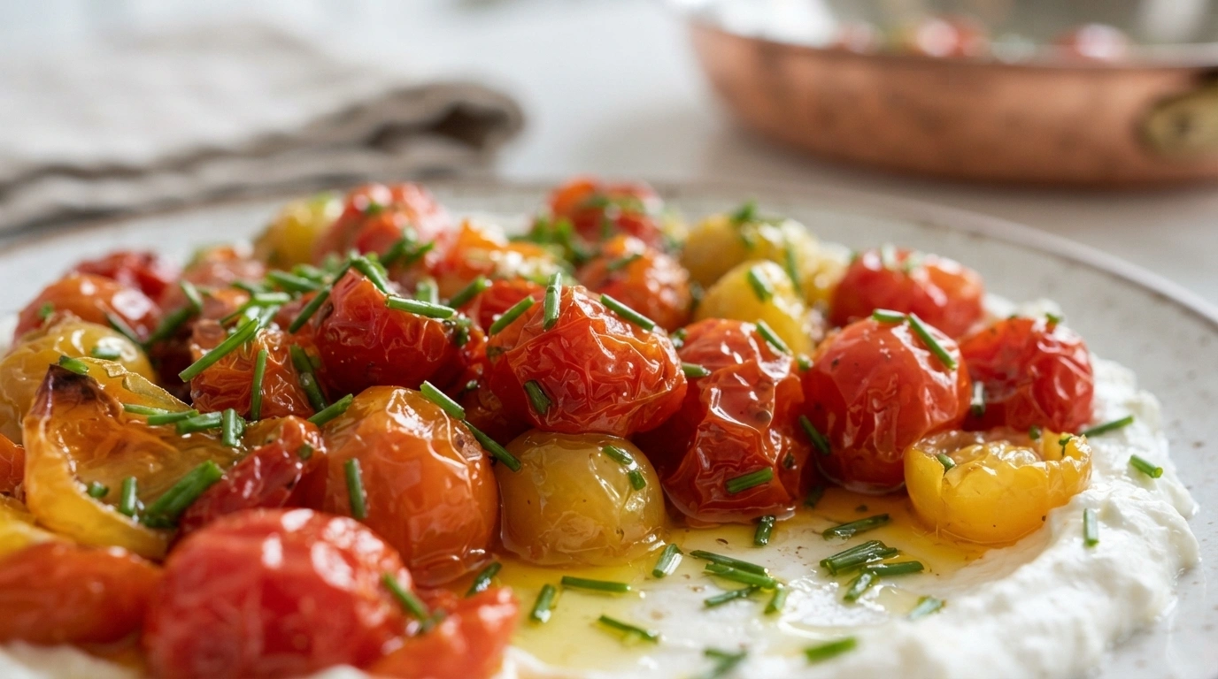 Bagte cherrytomater med hvidløg og olivenolie