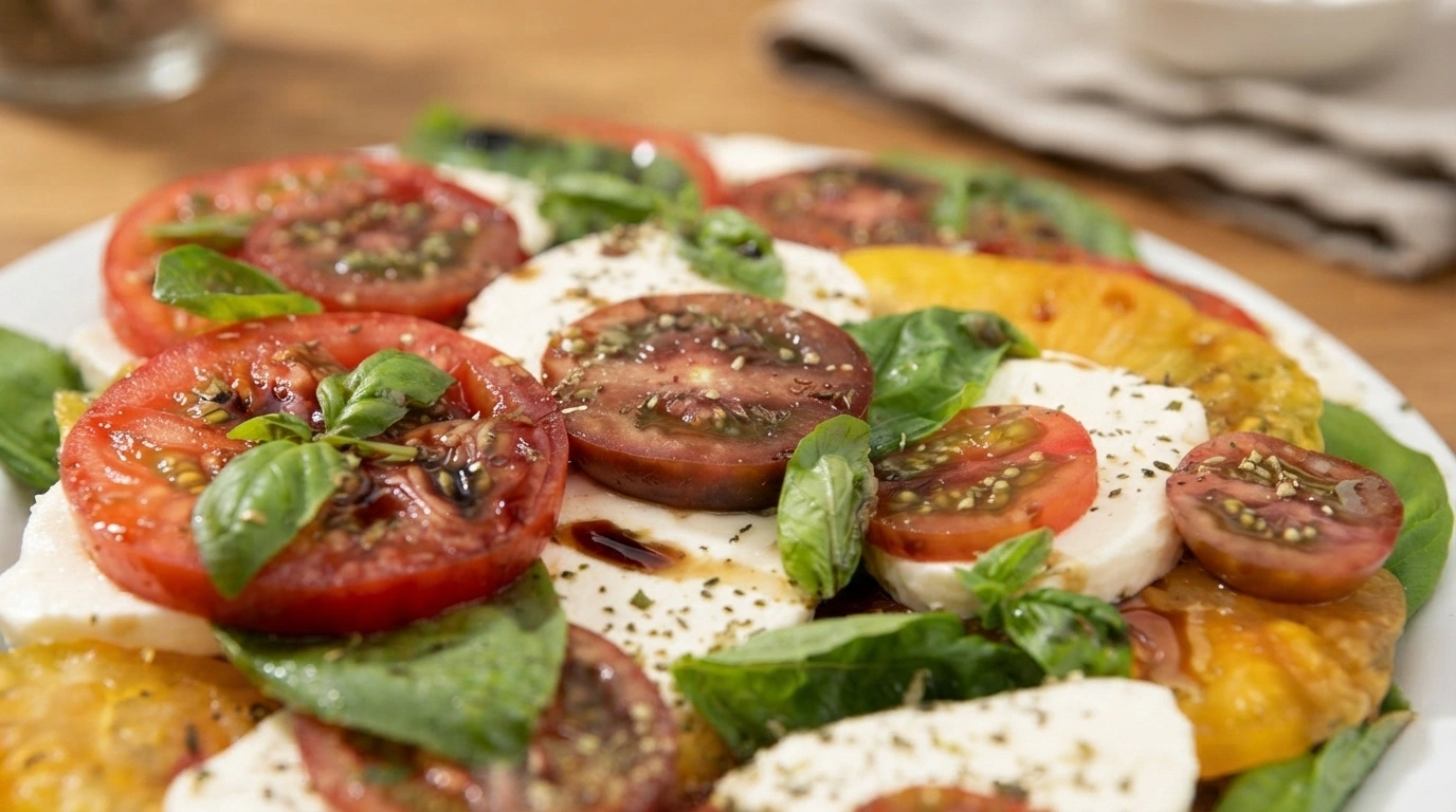 Frisk caprese-salat med mozzarella, tomat og basilikum