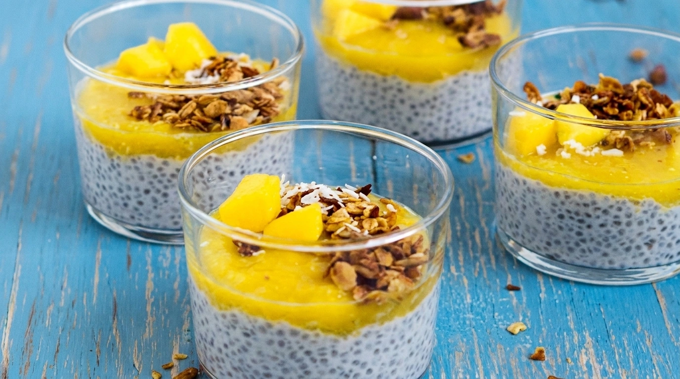 Chia-pudding med kokosmælk og mango i glas — vegansk sund morgenmad med omega-3