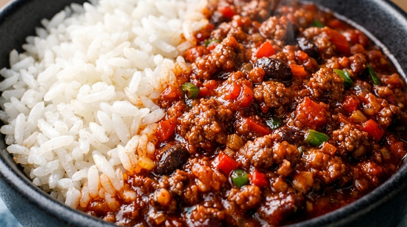 Mættende chili con carne med ris, bønner og toppings