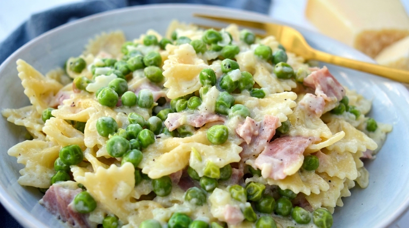 Cremet pasta med skinke, ærter og parmesan
