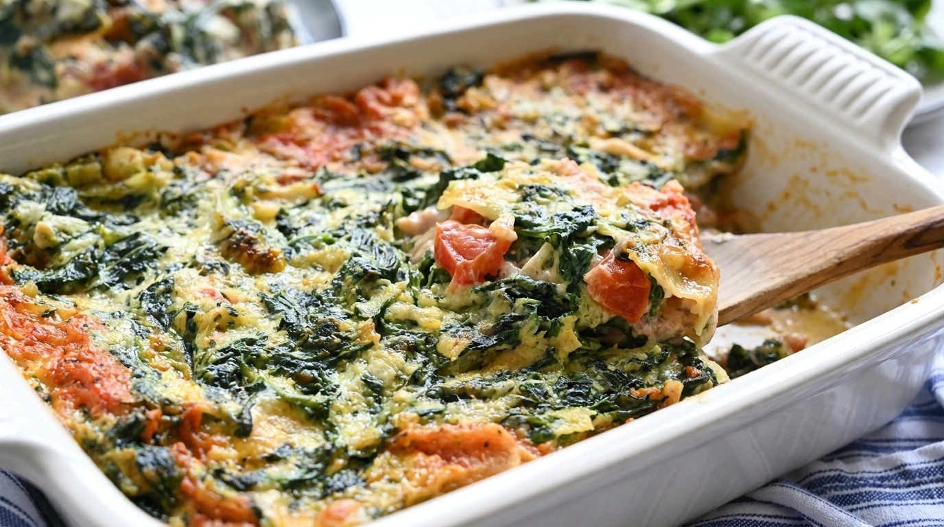Cremet lasagne med laks og spinat i fad