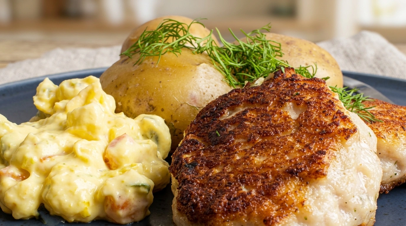 Sprøde fiskefrikadeller med kartofler, remoulade og citron
