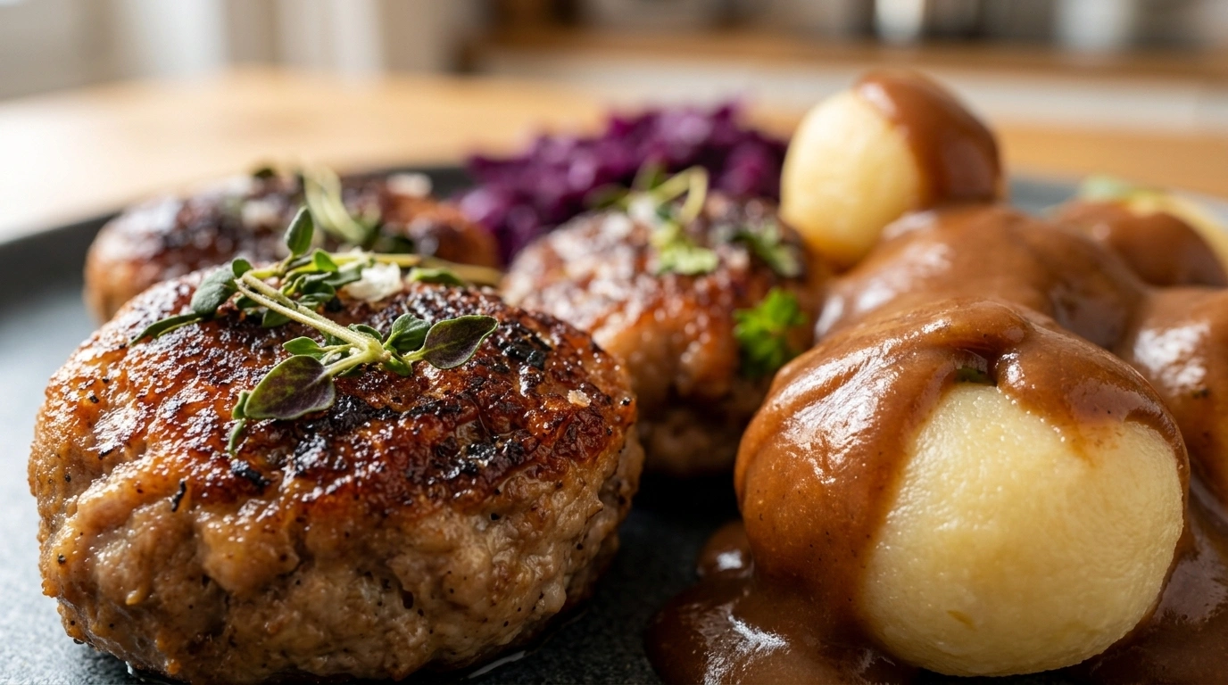 Klassiske danske frikadeller med kartofler, brun sovs og syltede agurker