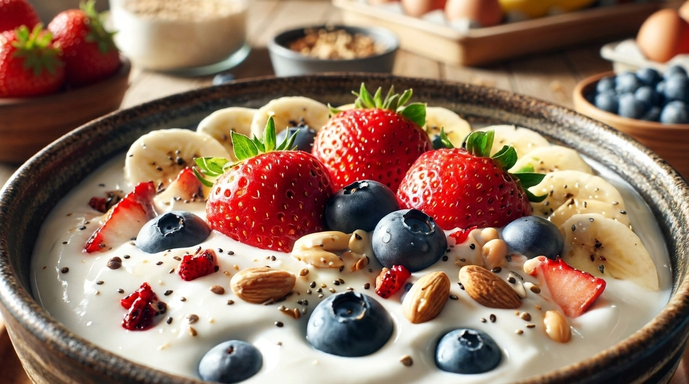 Sundt frugtspyd til børn med skyr-dip og nødder — sjov børnevenlig morgenmad med protein