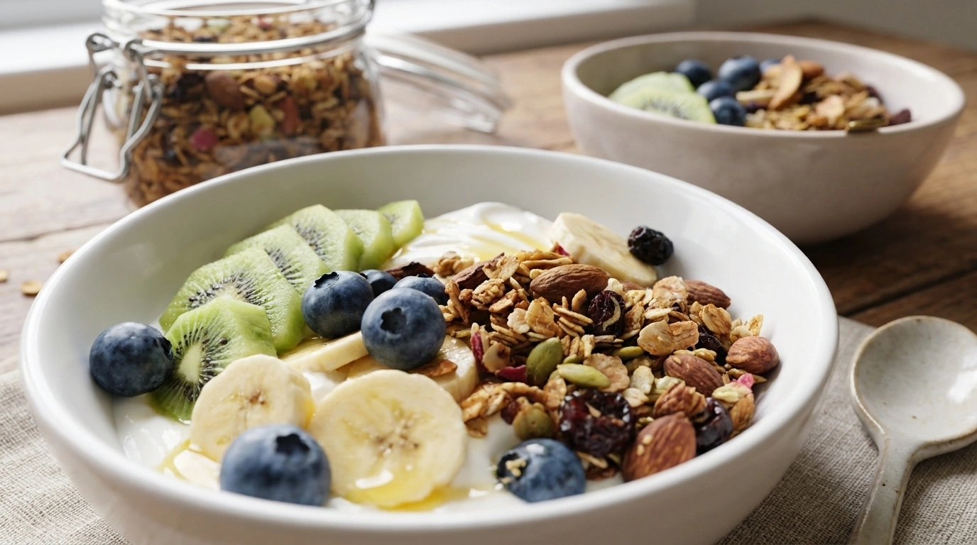 Græsk yoghurt med hjemmelavet granola, friske bær og honning — sund proteinrig morgenmad