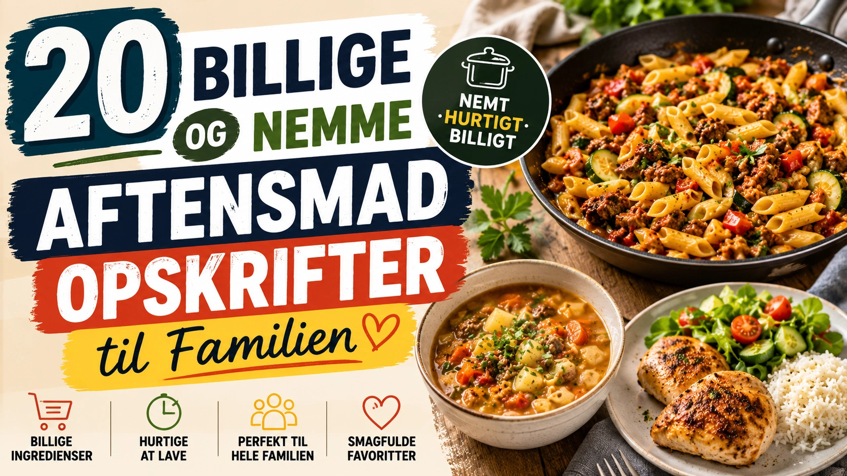 20 billige og nemme aftensmad opskrifter til familien under 50 kr.