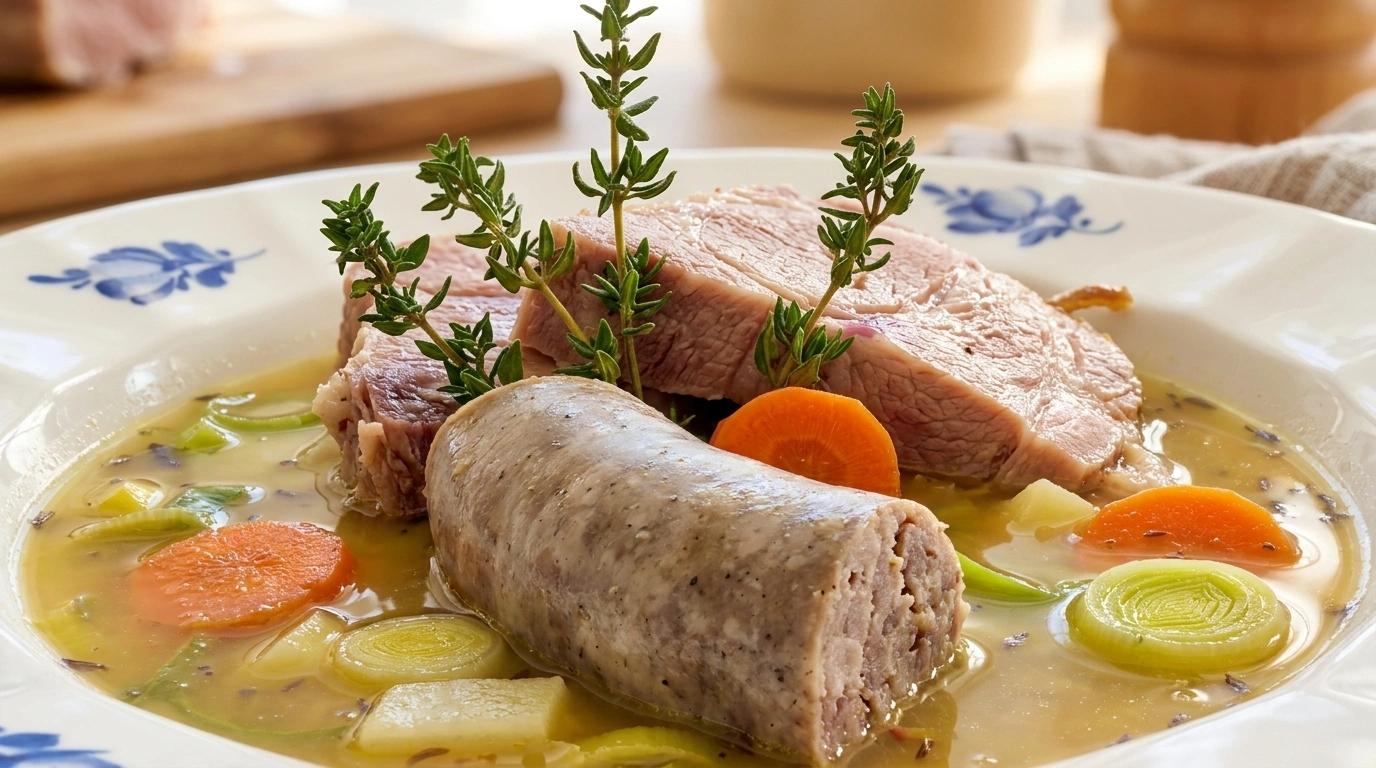 Traditionelle gule ærter med stegt flæsk, kartofler og sennep