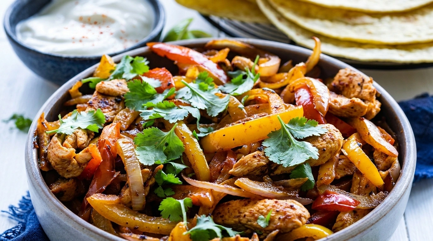Farverige kyllingefajitas med tortilla, avocadocreme og friske grøntsager