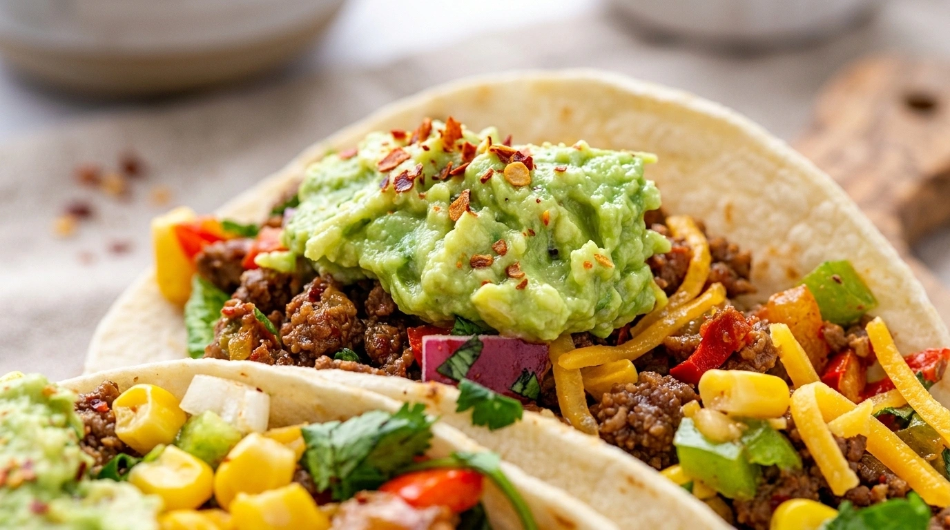 Farverige tacos med hakket oksekød, salat, tomater og limeskiver
