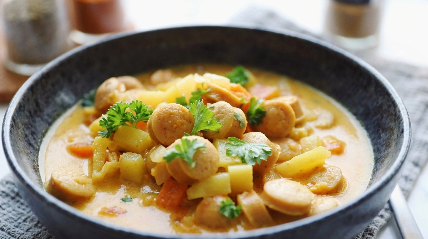 Cremet kartoffelgryde med pølser i karry og ris
