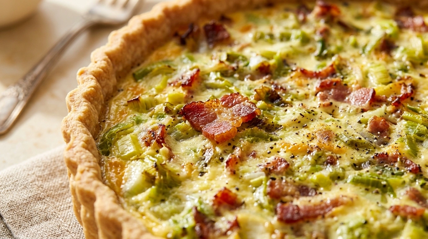 Sprød kartoffeltærte med porrer, bacon og fløjlsblød æggeblanding