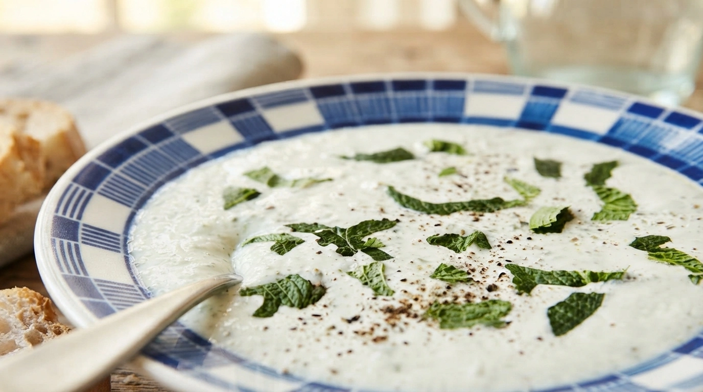 Kold agurkesuppe med mynte, græsk yoghurt og olivenolie