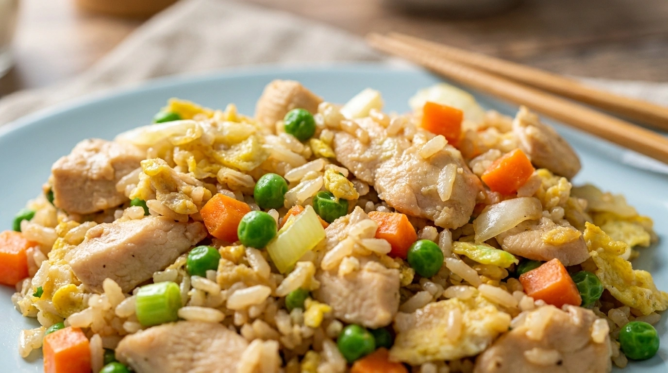Lynstegt kylling med ris, broccoli, gulerødder og sød sovs i wok