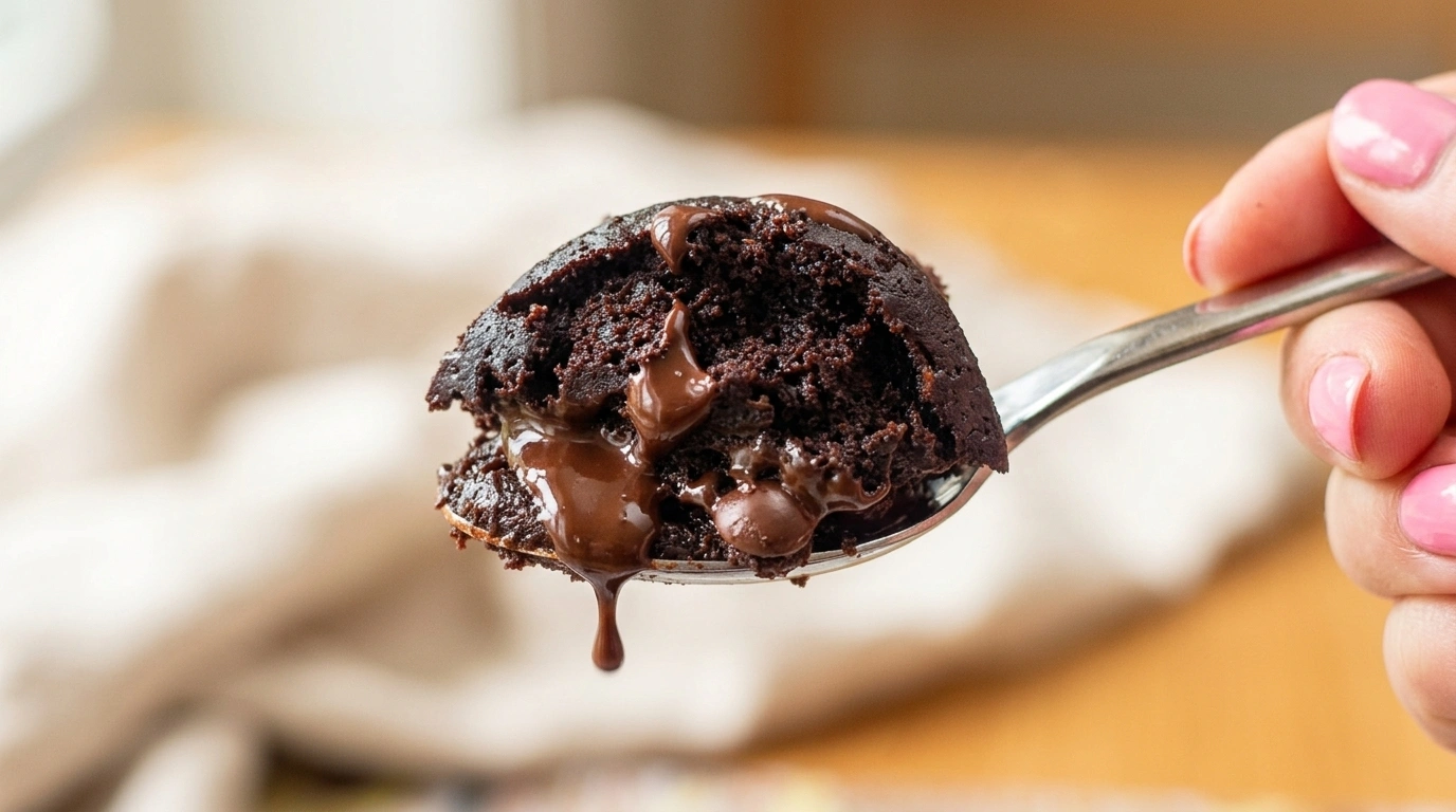 Chokolademugkage i en hvid kop med smeltet chokolade ovenpå
