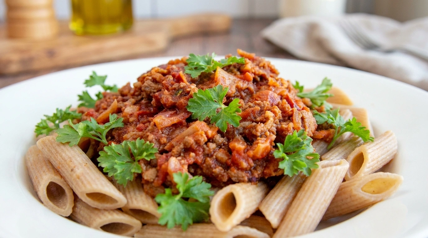 Klassisk bolognese med skjulte grøntsager serveret med spaghetti og parmesan