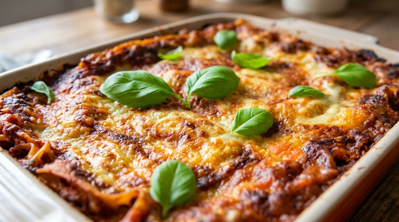 Nem lasagne med hakket oksekød, osteskiver og frisk basilikum i ildfast fad
