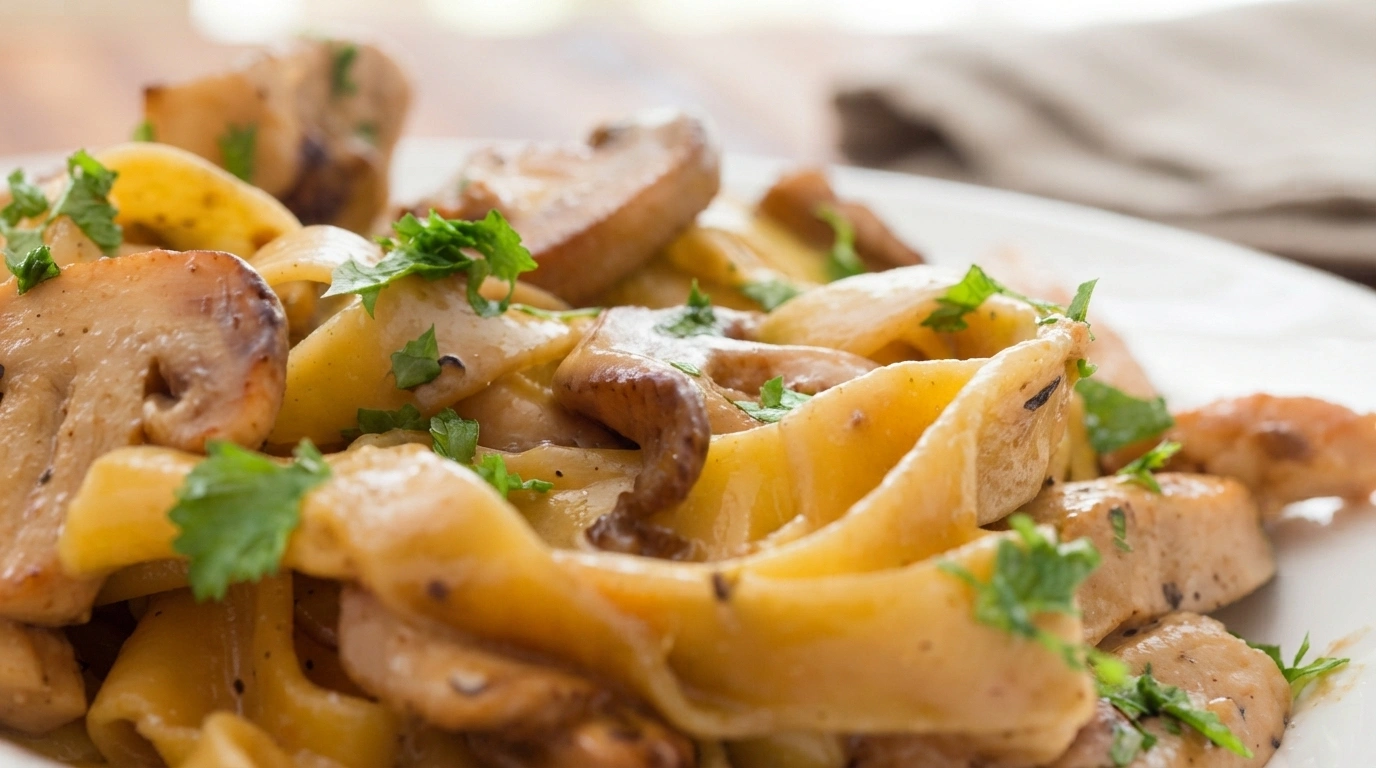 Cremet ostepasta med kylling og svampe