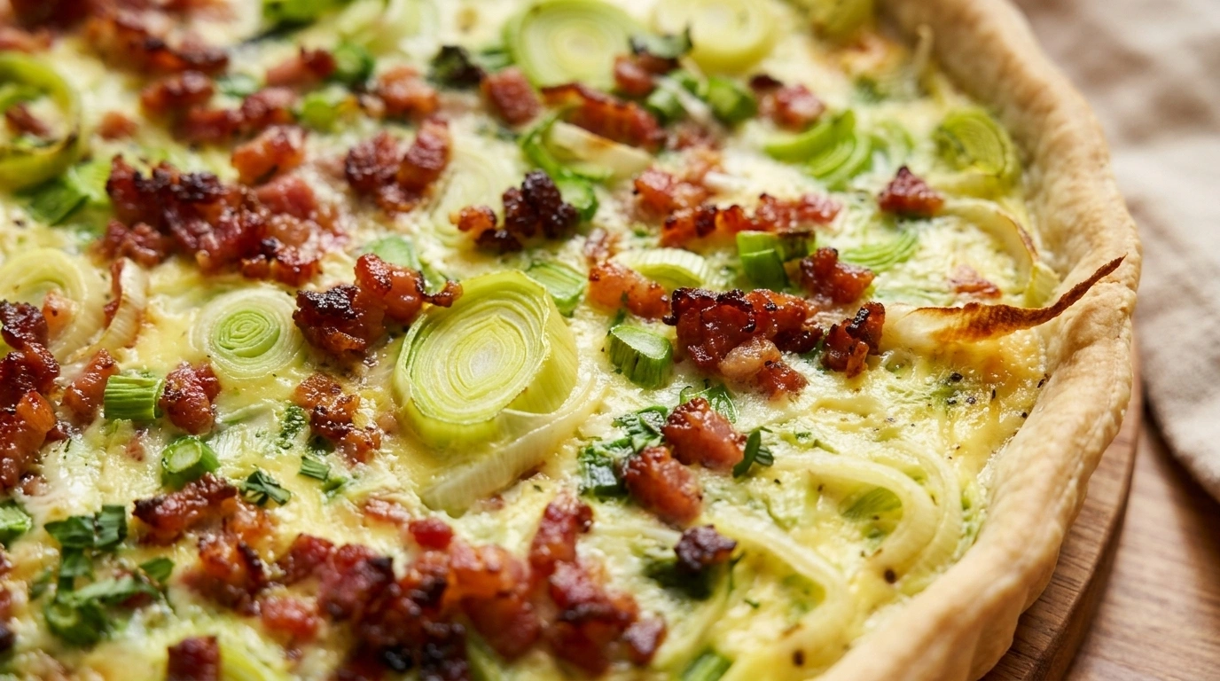 Sprød tærte med bacon, porrer og æggeblanding i tærteform