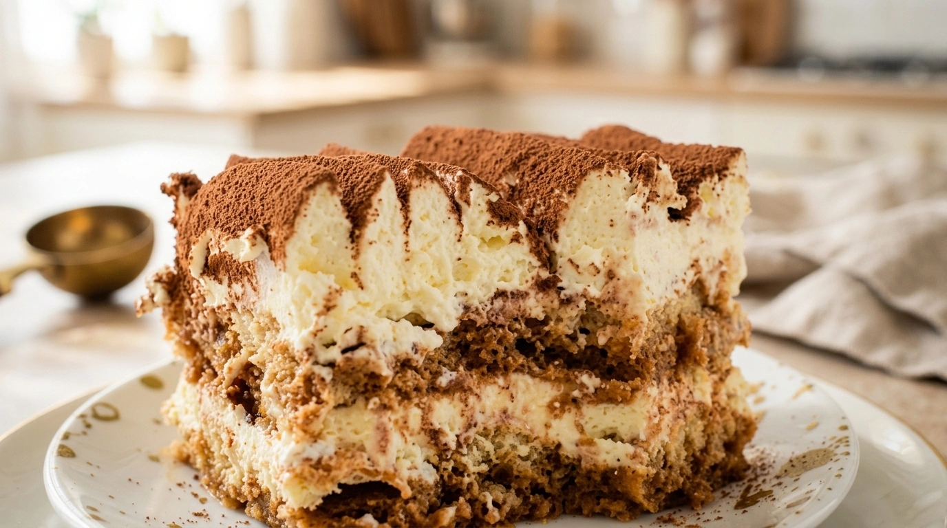 Tiramisu med mascarponecreme og kakao på toppen