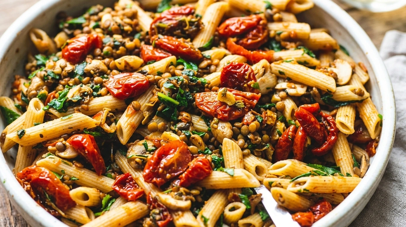 Vegansk pasta med røde linser i tomatsauce