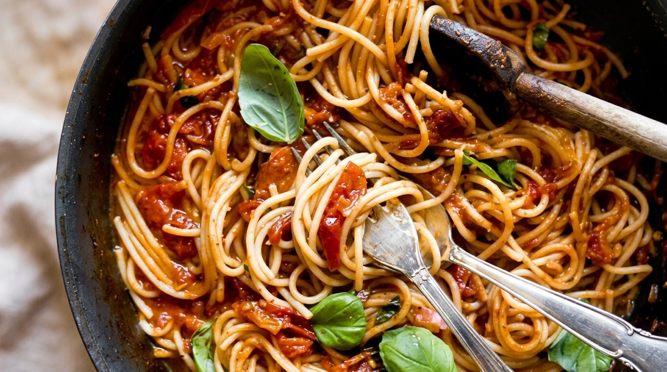 Vegetarisk pasta med hjemmelavet tomatsauce og basilikum