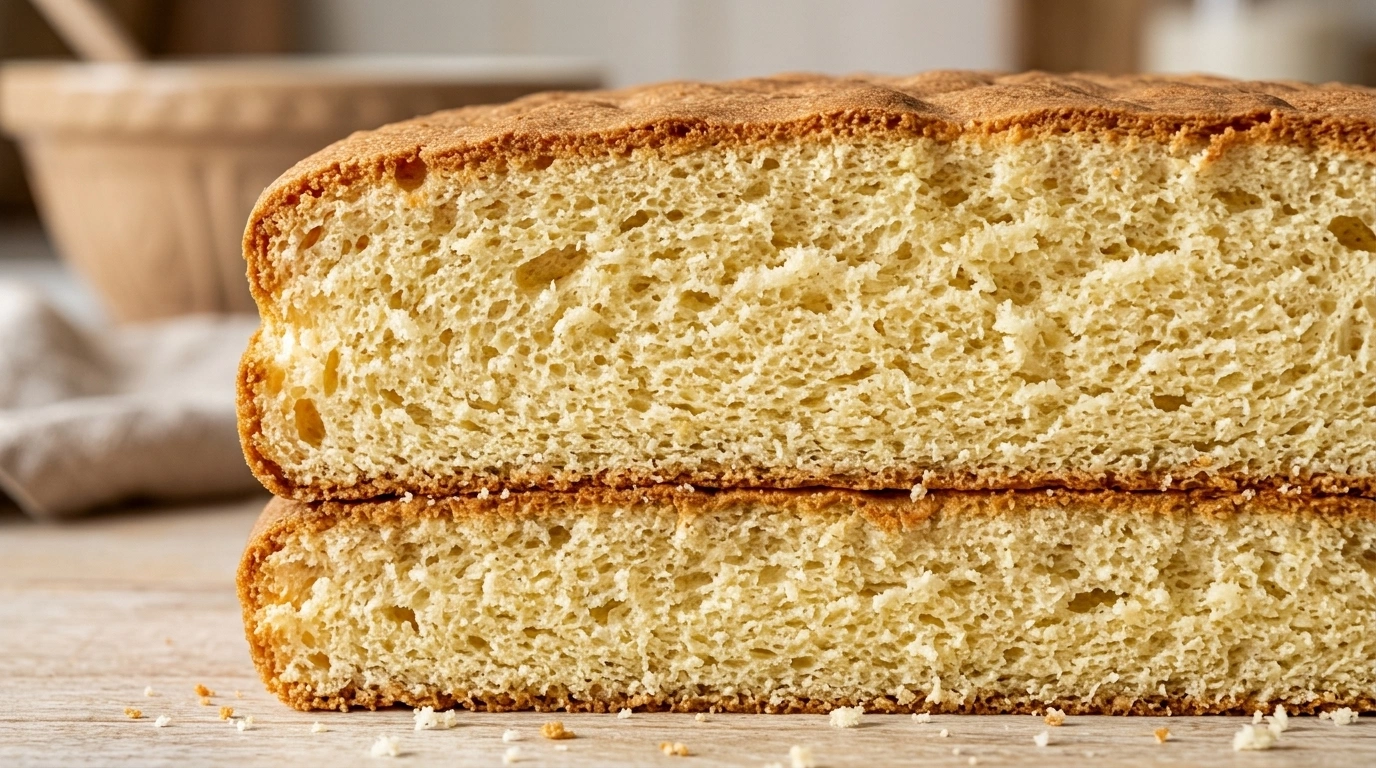 Tre luftige lagkagebunde stablet ovenpå hinanden