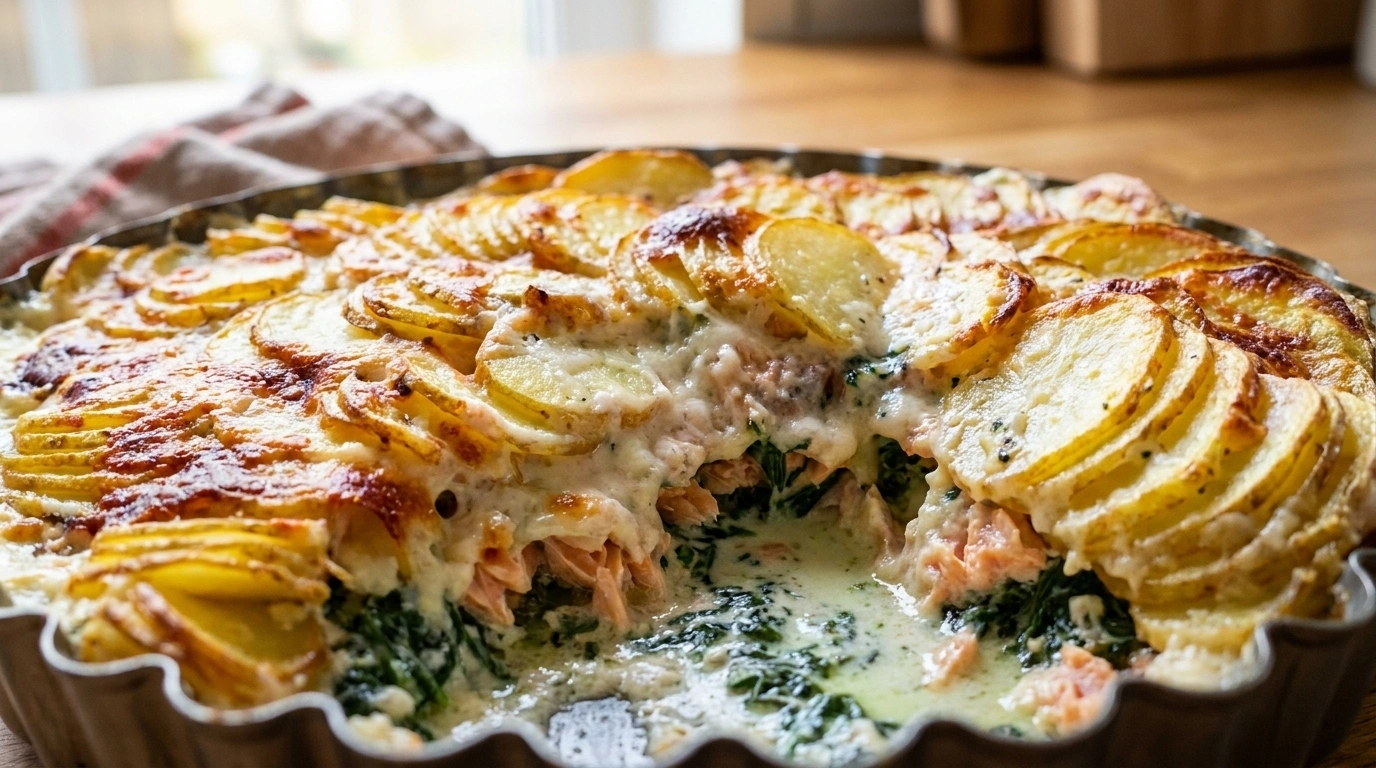 Ovnbagt laks med kartofler og spinat på bradepande med citron