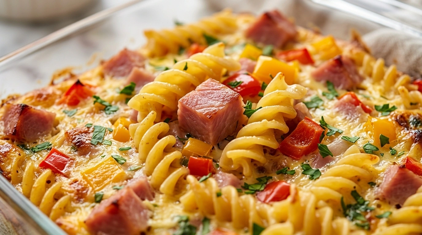 Ovnbagt pasta med skinke, smeltet ost og urter i ildfast fad