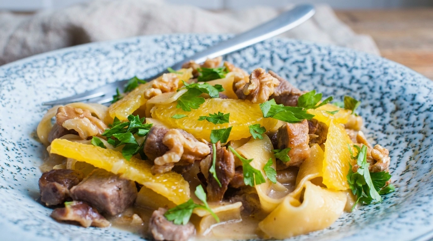 Pasta med andebrystskiver og appelsinsauce