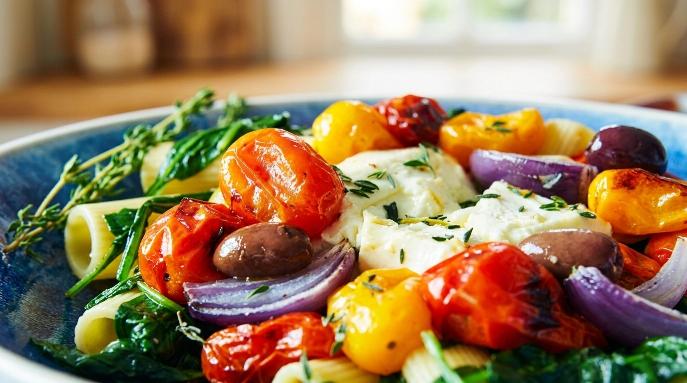 Pasta med bagt feta, cherrytomater og spinat
