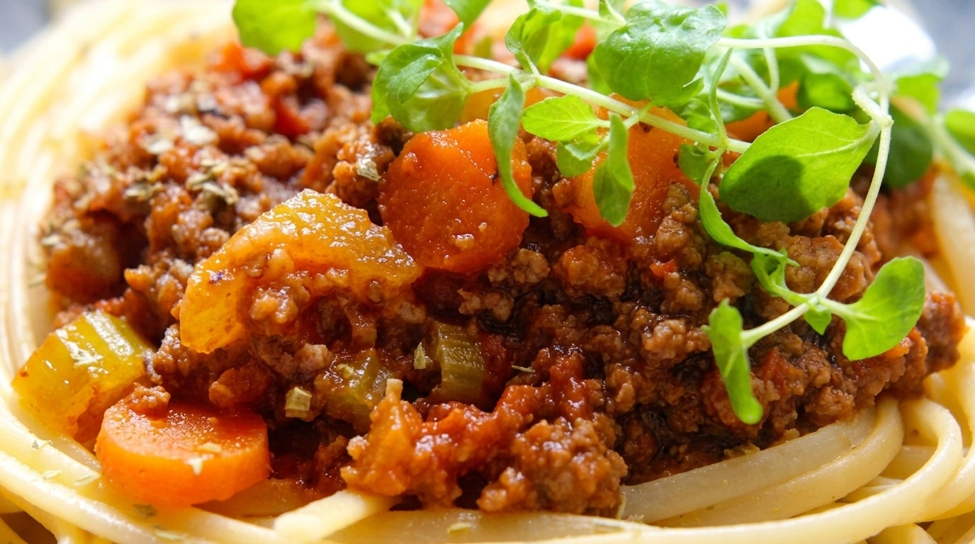 Nem pasta med kødsovs bolognese og revet parmesanost
