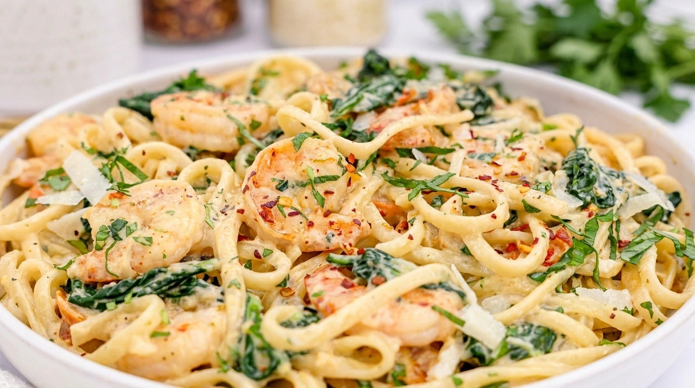 Pasta med skaldyr i cremet hvidvinssauce