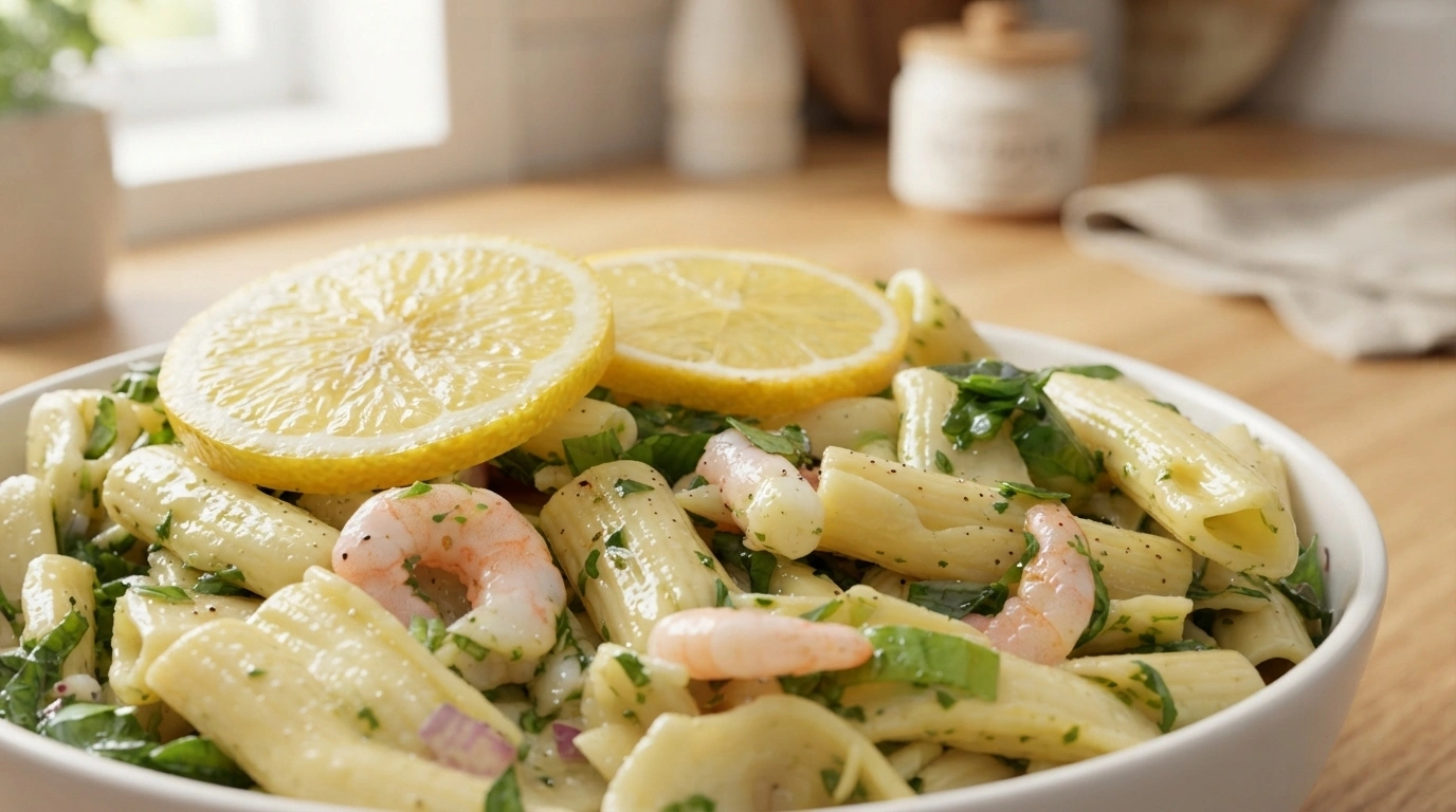 Farverig pastasalat med rejer, grønne asparges og citronskiver