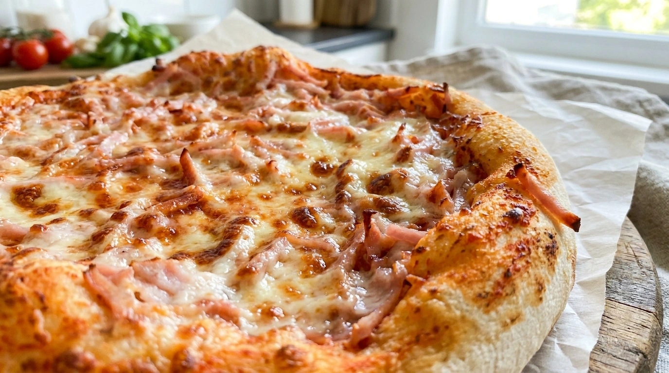 Sprød pizza på pande med tomato, skinke, mozzarella og frisk basilikum