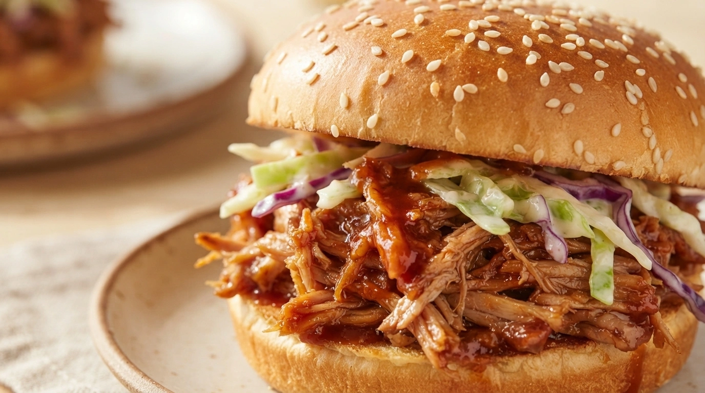 Pulled pork i brioche bolle med coleslaw og BBQ-sauce