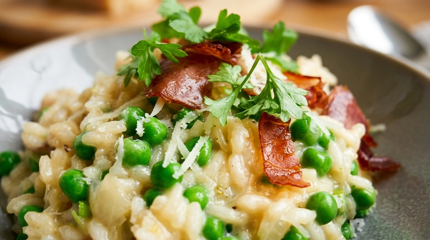 Cremet risotto med ærter, skinke og parmesan