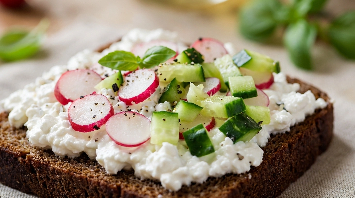 Ristet rugbrød med hytteost, radiser og purløg — hurtig proteinrig morgenmad
