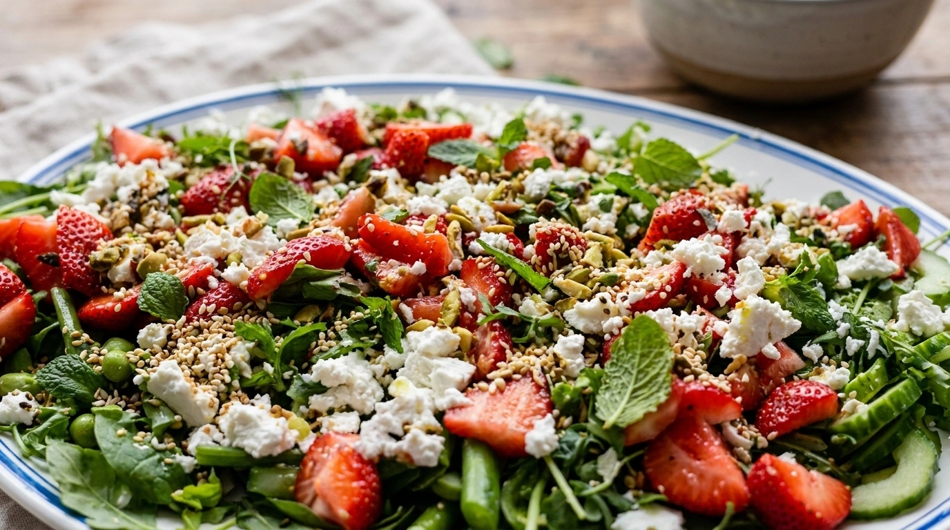 Farverig sommersalat med jordbær, feta, avocado og mynte