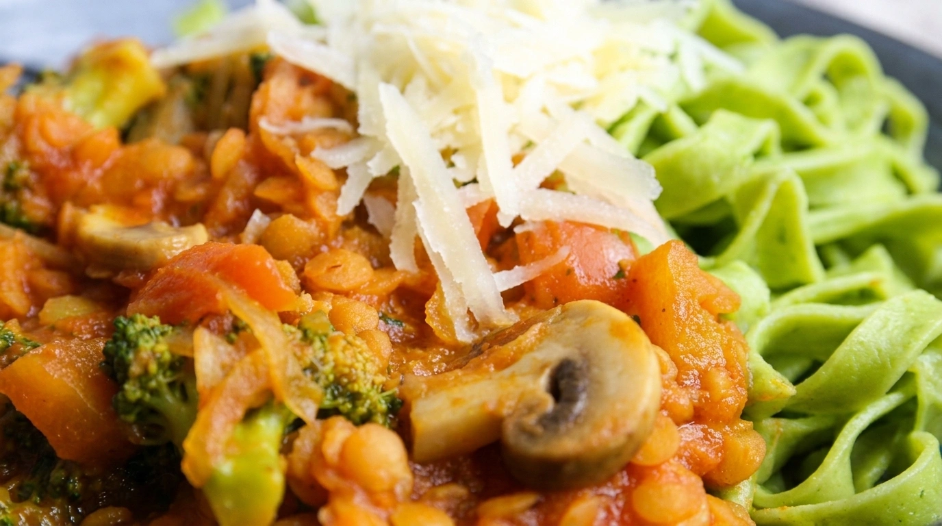 Cremet vegansk bolognese med røde linser og frisk basilikum